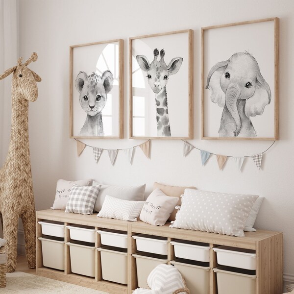 Set von 3 Dschungel Tier Wand Kunstdrucke | Schwarz-weißes Kinderzimmerdekor | Safari, Tier, Löwe, Giraffe, Elefant| Kinderzimmer Printable