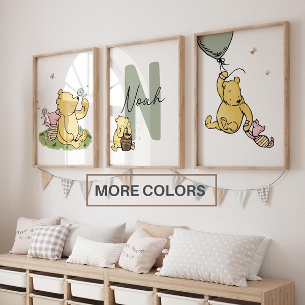 Set of 3 Classic Winnie the Pooh Personalised name Print, Winnie the Pooh Nursery Wall Art, Nursery Child Kids Decor, Pooh Digital Download