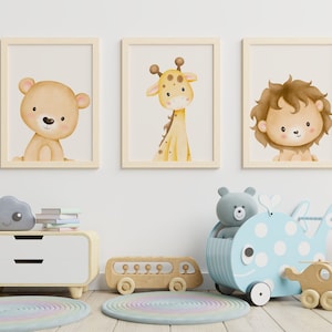 Set von 3 Dschungel Tier Wand Kunstdrucke | Safari, Tiere, Löwe, Giraffe, Bär, Boho | Kindergarten Kind Kinder Printable | Neutrale Kinderzimmer Drucke