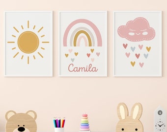 Rainbow Cloud Sun Personalised Name Nursery Prints Wall Art Set of 3, Custom name girl Gift, Rainbow Prints Nursery Decor , Baby shower Gift
