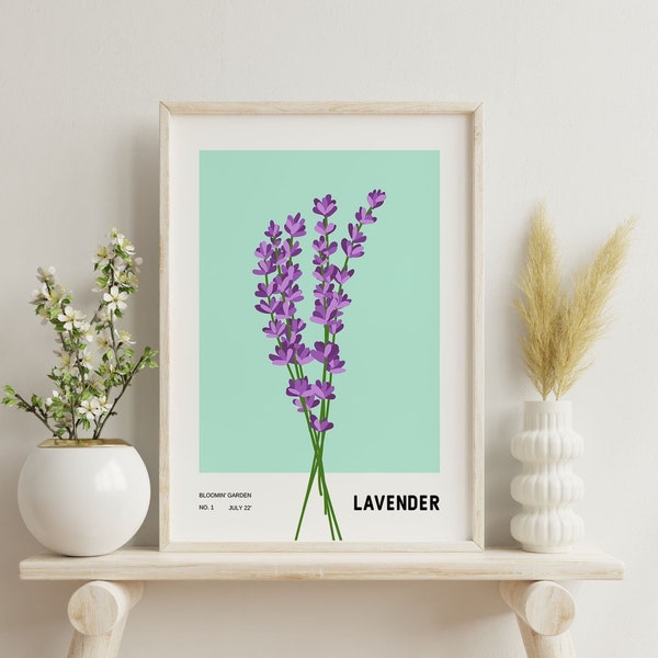 Colorful Flower Illustration Print, Bright Flowers wall art, Lavender Print, Eclectic home decor, Botanical Poster, Vibrant colors wall art