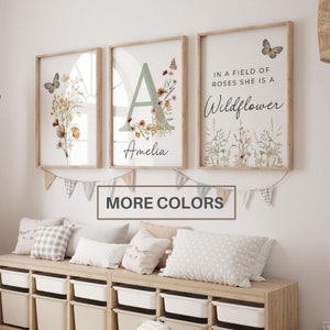Stampe personalizzate di fiori di campo/Arte murale floreale per la cameretta dei bambini, Boho, Arte murale per la cameretta dei bambini/Fiori ad acquerello/Iniziale personalizzata