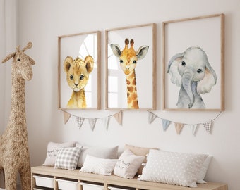 Safari-Kinderzimmer-Dekor-Set mit 3 Dschungel-Tier-Kinderzimmer-Drucken | Löwe, Giraffe, Elefant | Kindergarten-Kind-Kinder druckbare | Babyneutrales Dekor