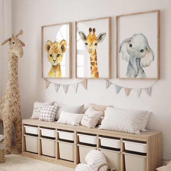 Safari Nursery Decor Set of 3 Jungle Animal Nursery Prints | Lion, Giraffe, Elephant | Nursery Child Kids Printable | Baby Neutral Decor