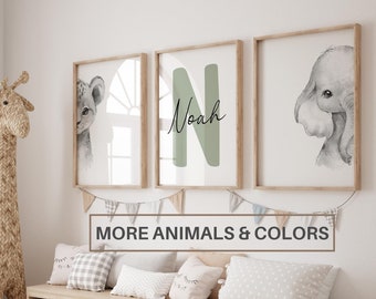 Set of 3 Jungle Animal Nursery Decor Wall Art Print| Personalized name| Safari Nursery Decor| Lion, Elephant, Giraffe| Child Kids Printable