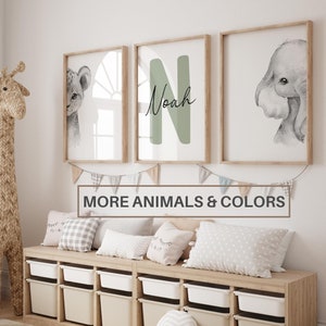 Set di 3 stampe artistiche da parete con animali della giungla per la cameretta dei bambini/nome personalizzato/decorazione per la cameretta dei bambini safari/leone, elefante, giraffa/stampabile per bambini