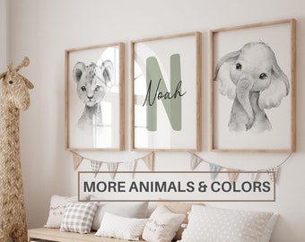 Conjunto de 3 Jungle Animal Nursery Decor Wall Art Print / Nombre personalizado / Safari Nursery Decor / Lion, Elephant, Giraffe / Child Kids Imprimible