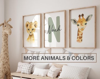 Conjunto de 3 Jungle Animal Nursery Decor Wall Art Print/ Nombre personalizado/ Safari Nursery Decor/ León, Elefante, Jirafa/ Niños Niños Imprimibles