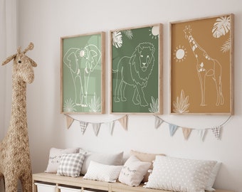 Lot de 3 Boho Safari Jungle Animal Line Art Kids Bedroom Nursery Wall Art | Lion, éléphant, girafe | Enfant de pépinière minimaliste imprimable