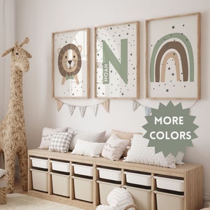 Set di 3 Jungle Animal 'Hakuna Matata' Wall Art Print / Nome iniziale personalizzato / Boho, Safari, Leone, Arcobaleno/ Nursery Baby Kids Printable