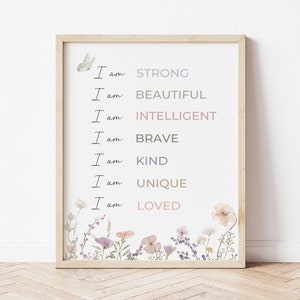 Impresión de afirmaciones positivas para niños "Soy amable", arte de pared inspirador para habitación de bebé, decoración para habitación de niña, flores silvestres, floral