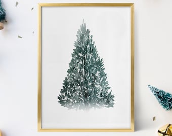 Christmas Tree Print, Christmas Printable Wall Art, Christmas Prints, Christmas Decor, Snowy Tree Watercolour Painting, Holiday Tree, Xmas