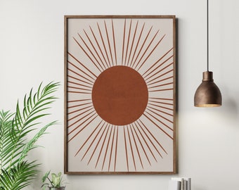 Impresión de sol moderno, impresión de sol boho, sol neutro, arte de pared moderno de mediados de siglo, impresión de sol abstracto, sol minimalista, impresión de terracota del amanecer