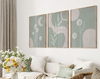 Salbeigrüne Wandkunst, botanische Linie Kunst, 3er-Set Drucke, Tryptic Wandkunst, Minimalist Modern Neutral Schlafzimmer Wohnzimmer Wanddekor