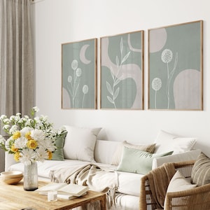 Sage Green Wall Art Prints, Botanical Line Art, Set of 3 Prints,Tryptic Wall Art, Minimalist Modern Neutral Bedroom Living Room Wall Decor