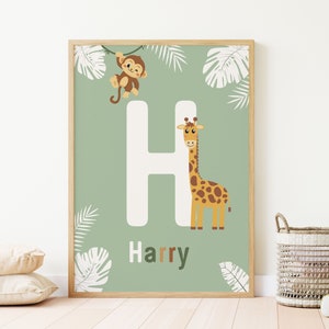 Impresión de arte de pared con nombre personalizado de animales de la jungla de safari / Inicial personalizada / Arte imprimible para guardería infantil / Impresión de guardería bohemia / Neutral / Niño