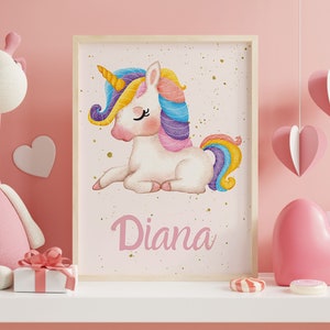 Stampa vivaio nome personalizzato unicorno, acquerello personalizzato Unicorn Wall Art, Decorazione della stanza della bambina, Regalo per bambini di Natale, stampabile