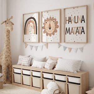 Boho Safari Nursery Wall Art Prints, Safari Nursery Decor, Boho kids room Set of 3, African Jungle animal, Hakuna Matata, Lion, Rainbow