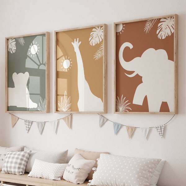 Lot de 3 décorations murales Boho Safari Jungle Animal pour chambre d'enfant | Lion, Éléphant, Girafe| Décor Jungle | Enfant de pépinière minimaliste imprimable