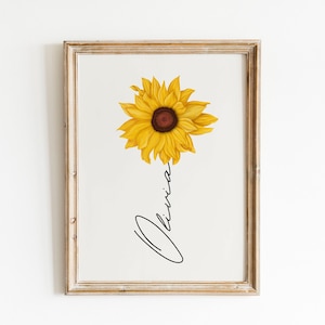 Regalo personalizado Impresión de girasol, regalo para ella, arte mural de flores de acuarela, regalo de nombre personalizado, descarga digital, regalo amigo de la hermana madre