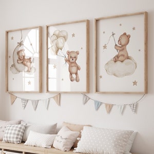 Set of 3 Teddy bear nursery wall art print| Bear nursery Decor| Bear ,Moon, ballon| Nursery child Kids Decor| Baby neutral print| Neutral