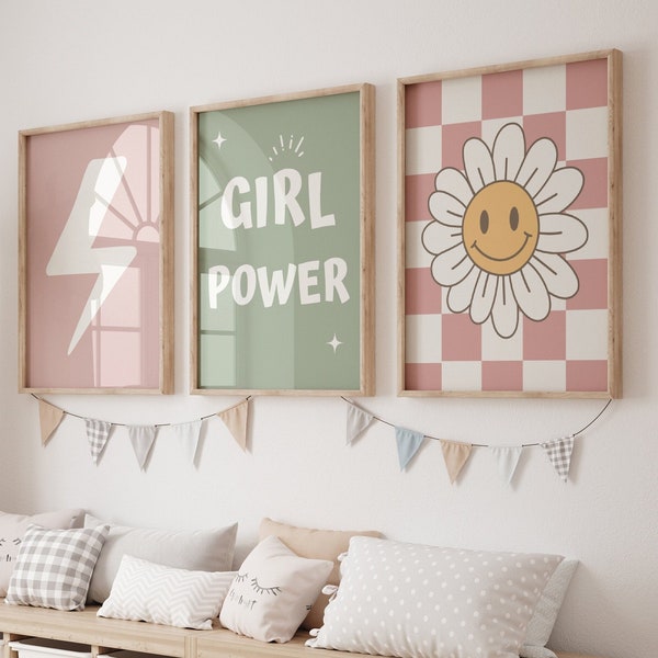 Set of 3 Girls Wall Art Prints ' Girl Power' Positive Affirmations, Retro, Groovy, Daisy, Nursery Child Kids Decor, Girls Playroom Poster