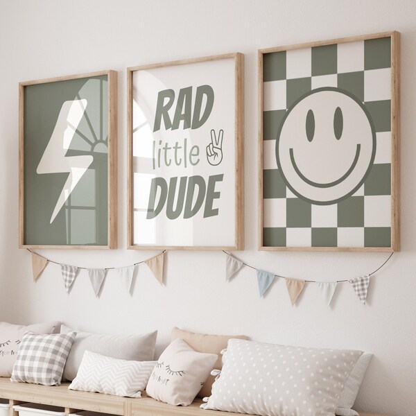 Set of 3 Boys Nursery Wall Art Prints 'Rad Little Dude ', Checkered, Smile face Poster, Retro, Groovy, baby boy, Child Kids Nursery Decor