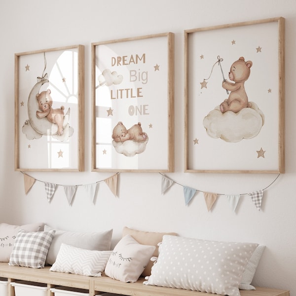 Set of 3 Teddy bear nursery wall art print| Dream Big Little one| Bear nursery Decor| gender neutral, Bear, Moon | Nursery child Kids Decor