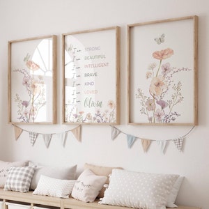 Set di 3 affermazioni positive personalizzate per bambini/Stampa artistica da parete con fiori di campo per la cameretta dei bambini/Stampa "Io sono"/Decorazione per la cameretta delle bambine/Nome personalizzato