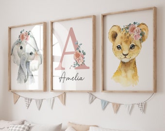 Set of 3 Jungle Animals Baby Girl name Sign| Personalised Initial Nursery Wall Art Print | Floral, Safari| Baby Room Prints| Nursery Decor