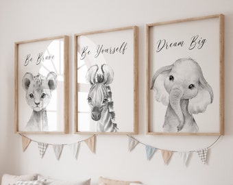 Set of 3 Jungle Animal Black and white Wall Art Print for Children| Inspirarional Quote Nursery Kids| Lion, Zebra, Elephant| Gender Neutral