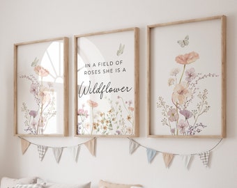 Set of 3 Wildflowers Girls Nursery Wall art Prints| Boho Floral nursery Decor| In a Field of Roses she is a wild flower| Baby Shower Gift