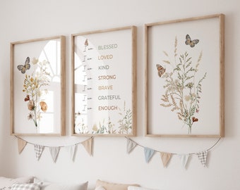 Ensemble de 3 imprimés de fleurs sauvages| Affirmations pour les enfants| Décor de pépinière florale| Art mural de pépinière| Impression de fleurs aquarelle| Bohème| Téléchargement numérique