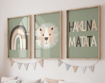 Impressions murales de pépinière Hakuna Matata | Décor de pépinière de jungle | Boho, Lion, Arc-en-ciel, Animal, Ensemble de 3 Art imprimable | Décor de pépinière Safari, enfants