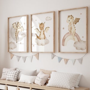 3er Set Drachen Kinderzimmer Poster | Drachen Kinderzimmer Dekor, Neutal Kinderzimmer Druck | Neues Baby, Kinderzimmer Kinder druckbare | Regenbogen, Mond, Wolke