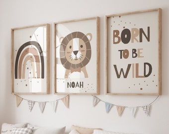 Boho Lot de 3 imprimés muraux « Born to be Wild » d'animaux de la jungle | Nom personnalisé | Boho, Safari, Animal, Lion, Arc-en-ciel| Crèche Enfants Imprimable