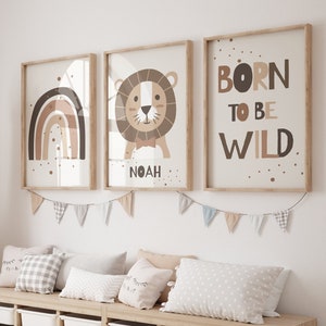 Boho Set von 3 Dschungeltier 'Born to be Wild' Wand Kunst Druck| Personalisierter Name | Boho, Safari, Tier, Löwe, Regenbogen| Kinderzimmer Kinder druckbar