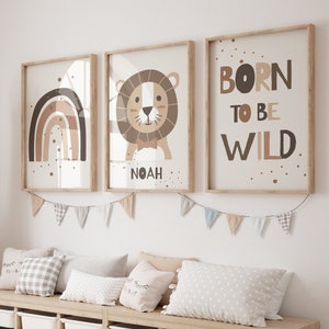 Boho Set of 3 Jungle Animal 'Born to be Wild' Wall Art Print| Personalised Name| Boho, Safari, Animal, Lion, Rainbow| Nursery Kids Printable