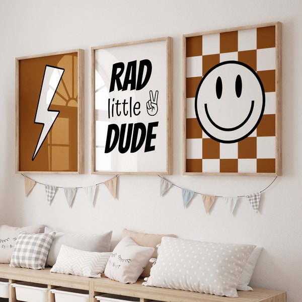 Set of 3 Boys Nursery Wall Art Prints 'Rad Little Dude ', Checkered, Smiley Poster, Retro, Baby boy nursery decor, Child Kids, Terracotta