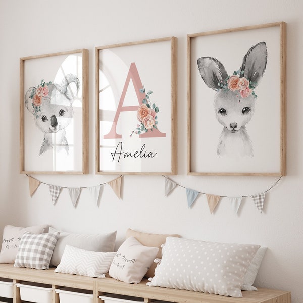 Australian baby Animals Nursery Wall Art Print| Custom name Girl| Kangaroo, Koala, Flowers, Blush Pink, Watercolor| Baby Girl Nursery Decor