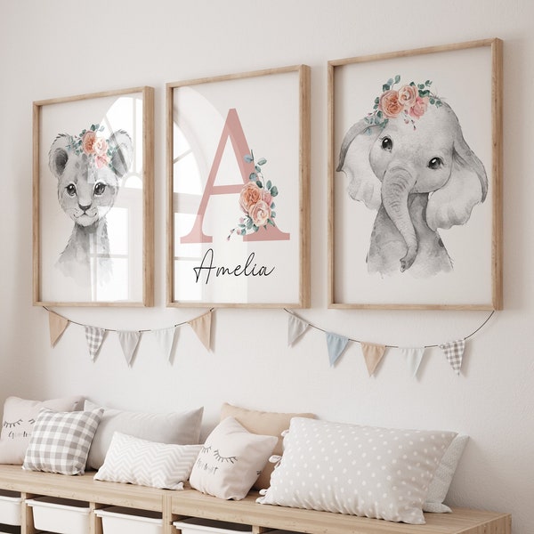 Jungle Animal - Personalised Nursery Wall Art Print| Baby Girl Nursery Decor| Blush Pink Floral, Safari, Lion, Baby Room Print| Custom name