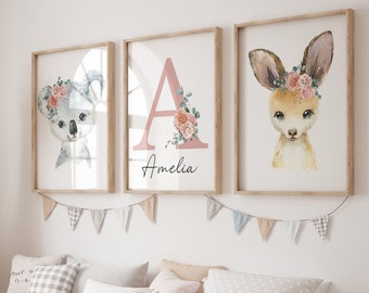 Australian baby Animals Nursery Wall Art Print| Custom name Girl| Kangaroo, Koala, Flowers, Blush Pink, Watercolor| Baby Girl Nursery Decor