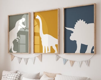 Lot de 3 impressions murales de dinosaures | Décor de dinosaure | Chambre de bébé garçons | Boho, T-Rex, Tricératops, Brachiosaure | Crèche Enfant Enfants Imprimable