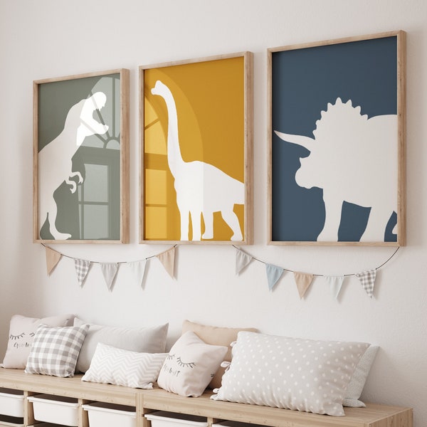 Set of 3 Dinosaur Wall Art Print| Dinosaur Decor| Baby Boys Nursery | Boho, T-Rex, Triceratops, Brachiosaurus| Nursery Child Kids Printable