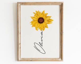 Personalized Gift Sunflower Print ,Gift for her, Watercolor Flower Wall Art, Custom name gift, Digital download, Mother Sister friend gift