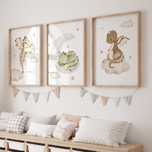 3er Set Drachen Kinderzimmer Poster | Drachen-Kinderzimmer-Dekor, Neutrales Kinderzimmer-Druck | Baby Mädchen Geschenk, Kinderzimmer Kinder druckbare | Mond, Wolke