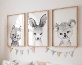 Set of 3 Australian baby Animals Nursery Wall Art Prints| kangaroo, Koala, Wombat| Nursery Child Kids Printable| Black and White Nursery