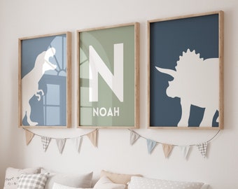 Set of 3 Dinosaur Nursery Wall Art Print| Personalised Initial Name|  Boho, Dinosaur Decor | Nursery Child Kids Printable| Boys Room Decor