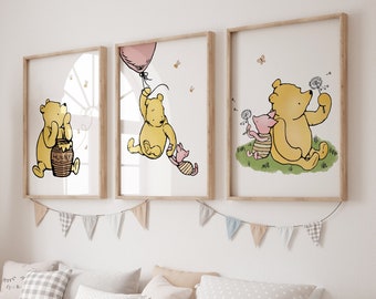 Lot de 3 impressions classiques de Winnie l'ourson, art mural pour chambre d'enfant bébé filles, décoration pour chambre d'enfant, téléchargement numérique ourson, nouveau cadeau pour bébé