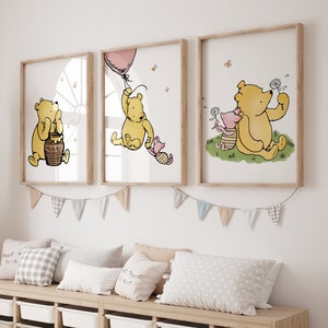 Set of 3 Classic Winnie the Pooh Prints, Baby Girls Nursery Wall Art, Nursery Child Kids Decor, Pooh Digital Download, New baby gift